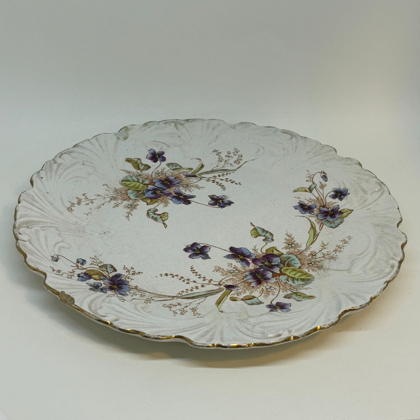 Antique Late Victorian CAKE PLATE  Purple flowers 9.25"