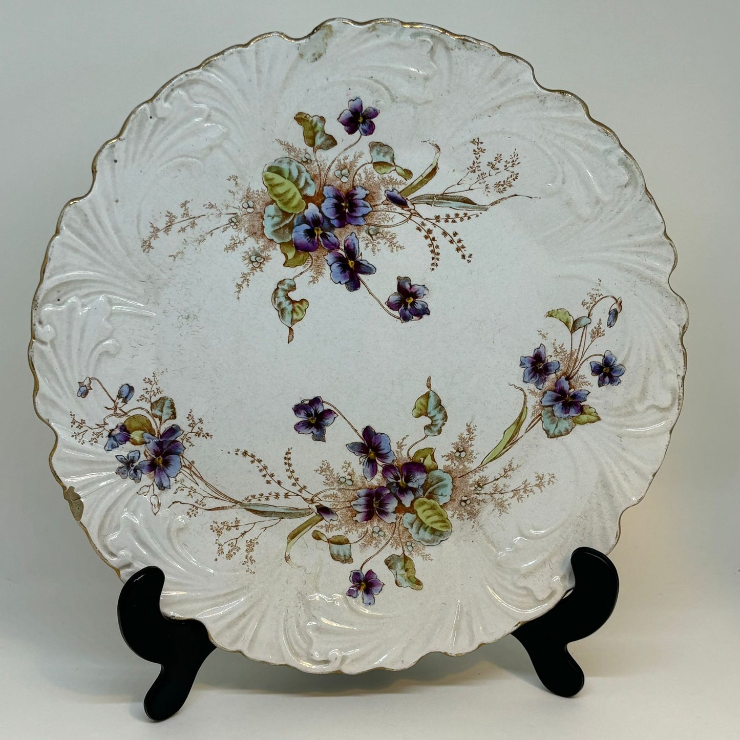 Antique Late Victorian CAKE PLATE  Purple flowers 9.25"